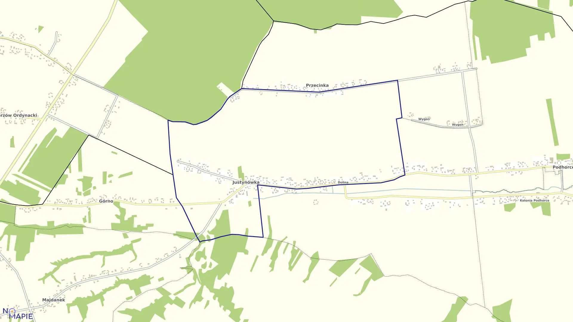 Mapa obrębu Justynówka w gminie Tomaszów Lubelski