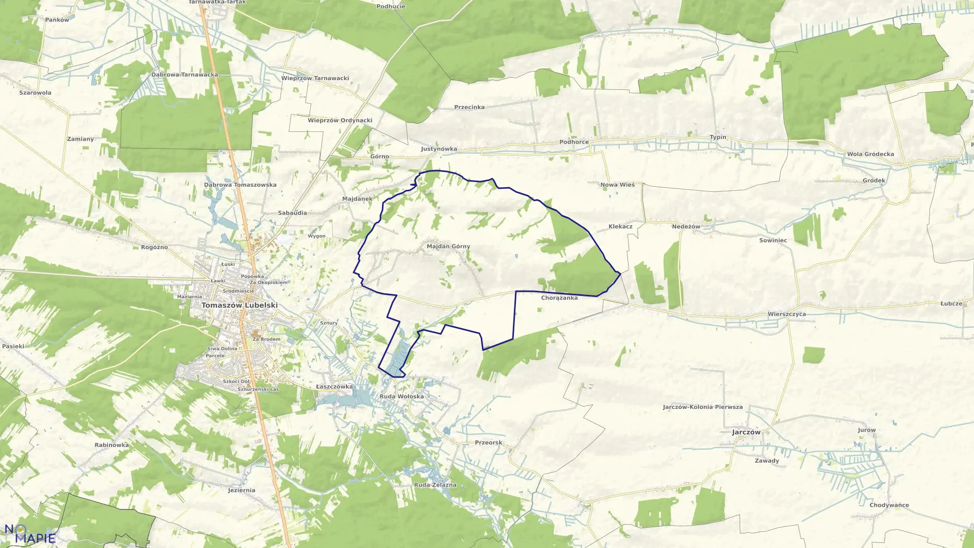 Mapa obrębu Majdan Górny w gminie Tomaszów Lubelski