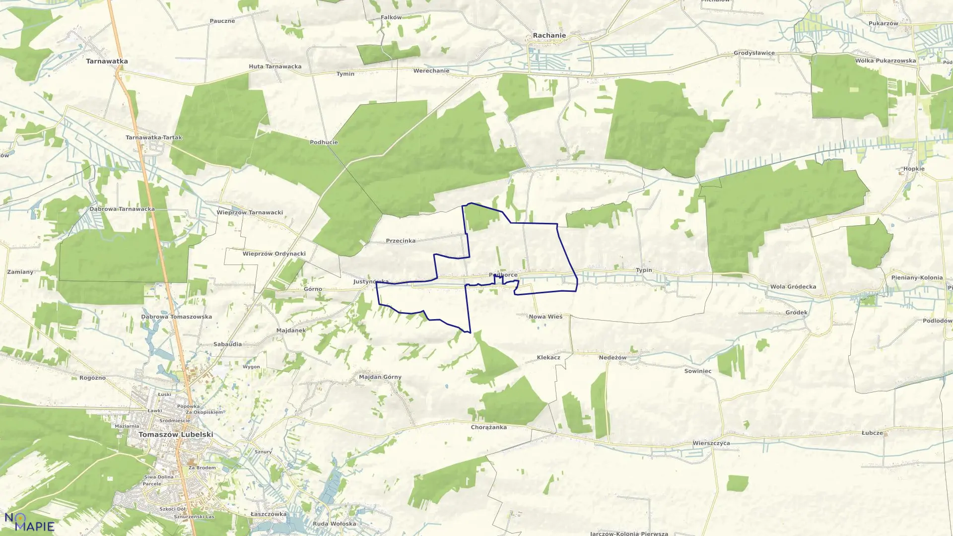 Mapa obrębu Podhorce w gminie Tomaszów Lubelski