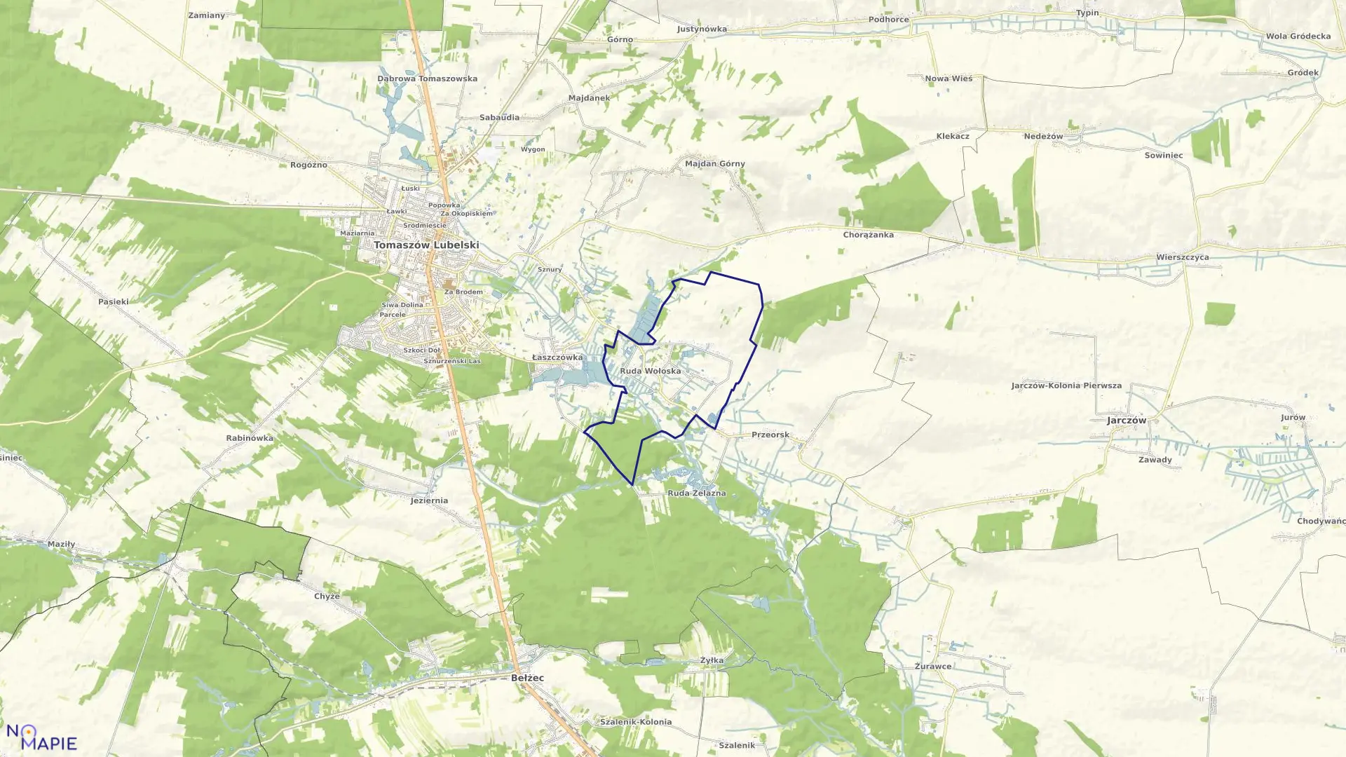 Mapa obrębu Ruda Wołoska w gminie Tomaszów Lubelski