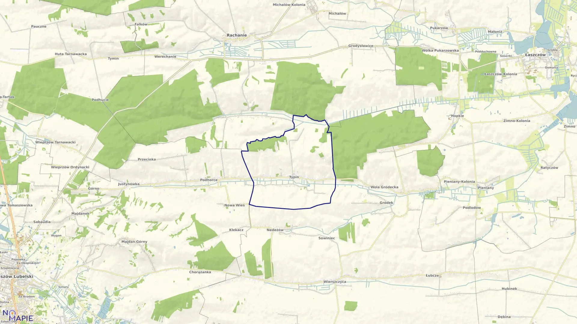 Mapa obrębu Typin w gminie Tomaszów Lubelski